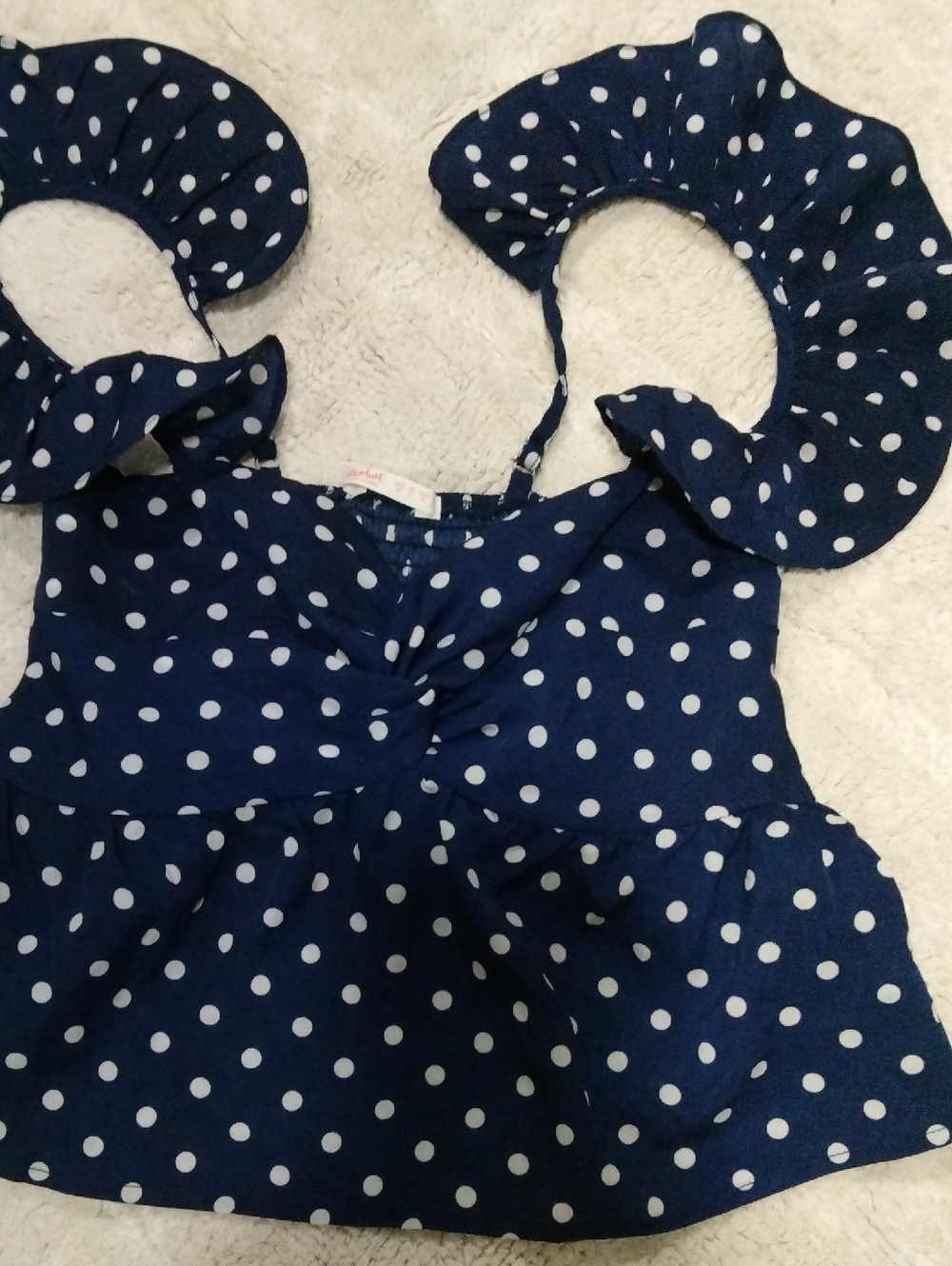 ROMWE Navy Blue Polka Dot Ruffle Strap Top